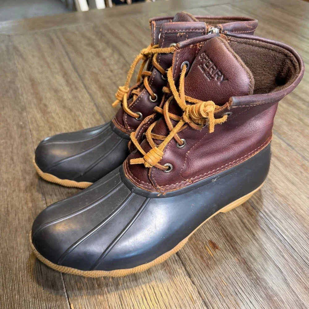 Sperry Saltwater Duck Boots Womens 8M Brown Black Leather Waterproof